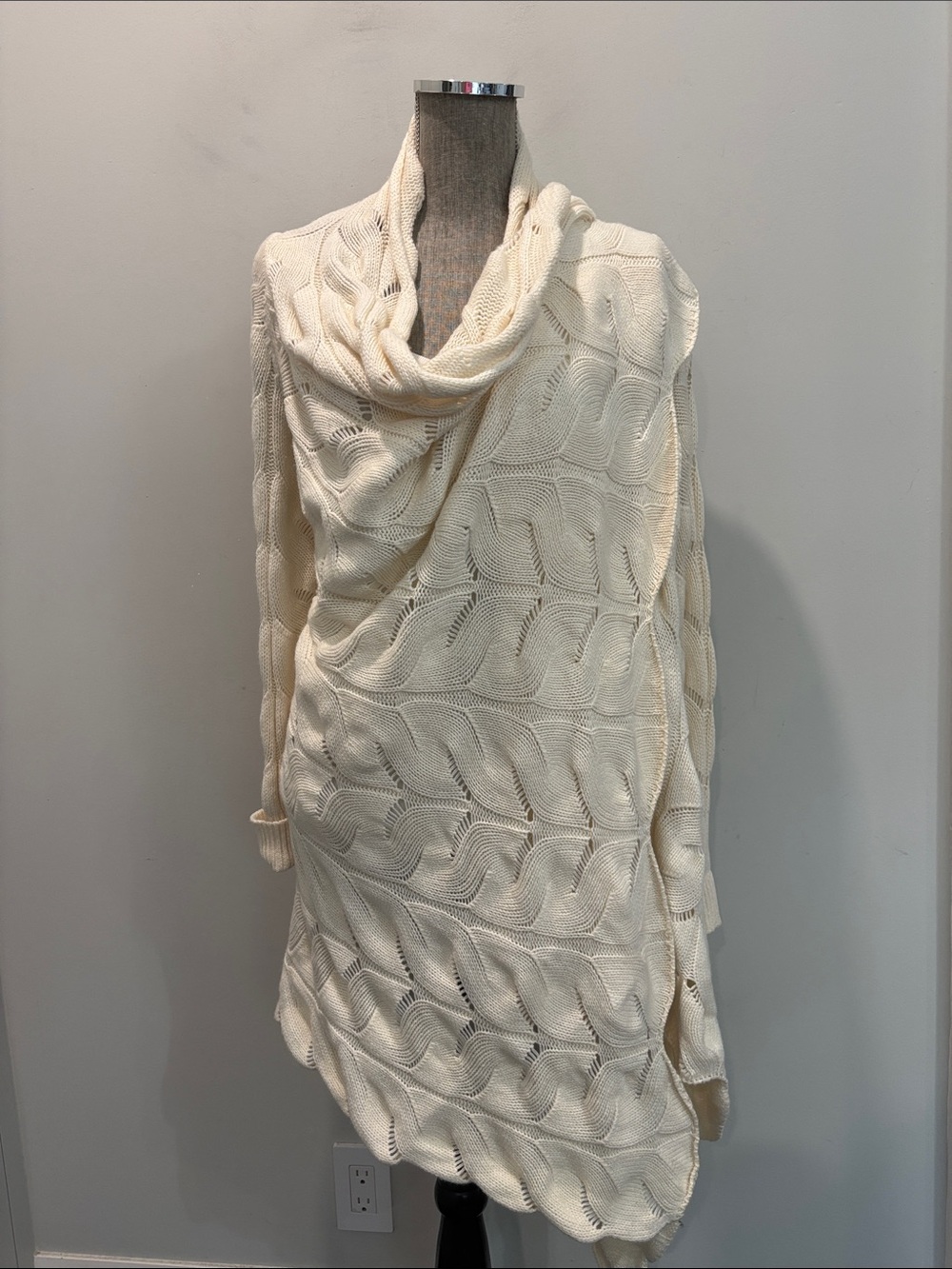 Monari Cream Merino Wool Cashmere Cable Knit Draped Cardigan L/XL Italy - Picture 5 of 15